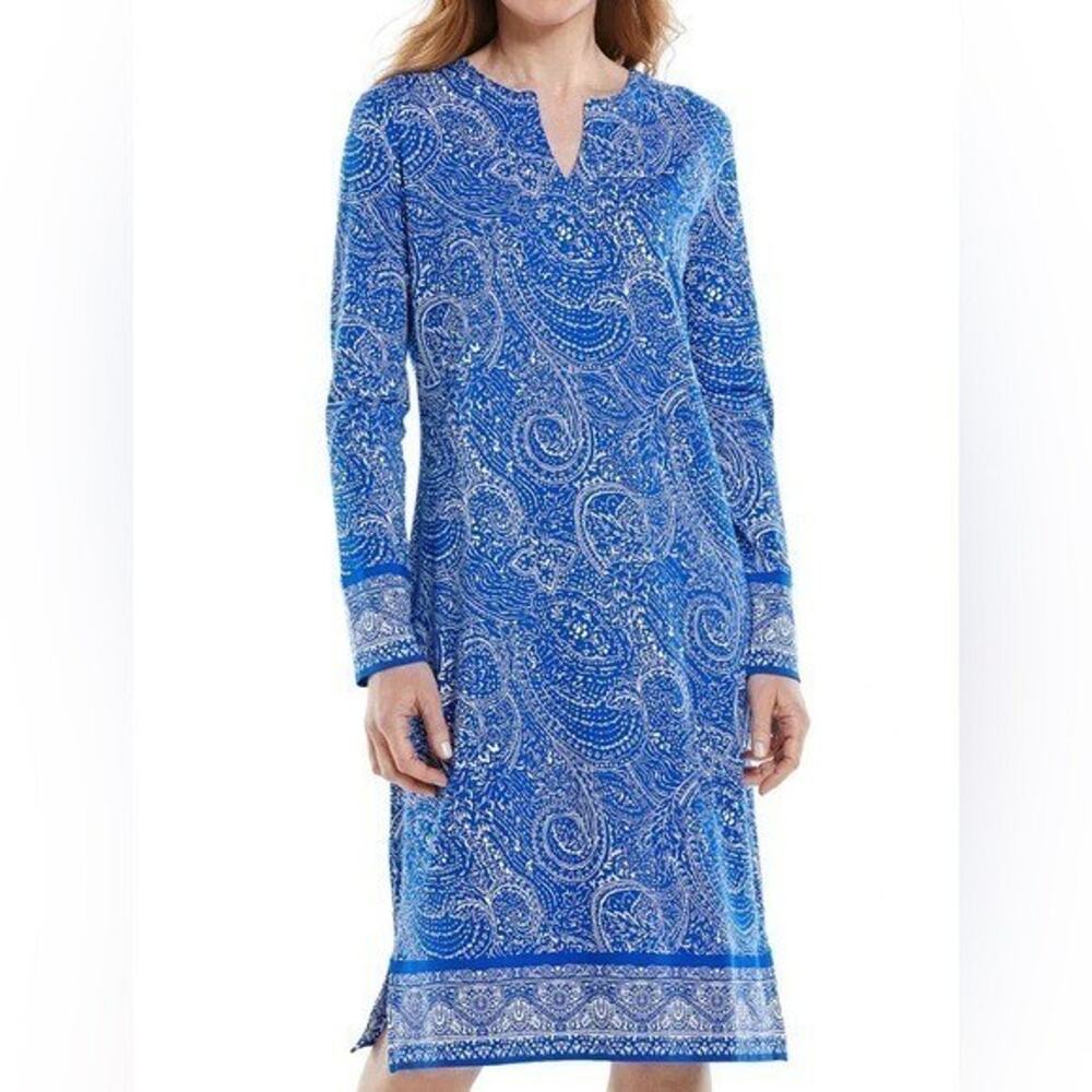 Coolibar Oceanside Long Sleeve Tunic Dress Womens S Blue Paisley UPF 50+ Stretch